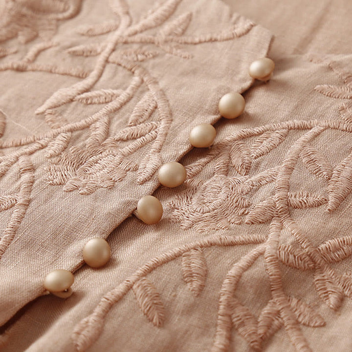 Camiseta de lino y algodón de manga larga con cuello redondo y flores bordadas informales con Buddha Stones para mujer - image 4