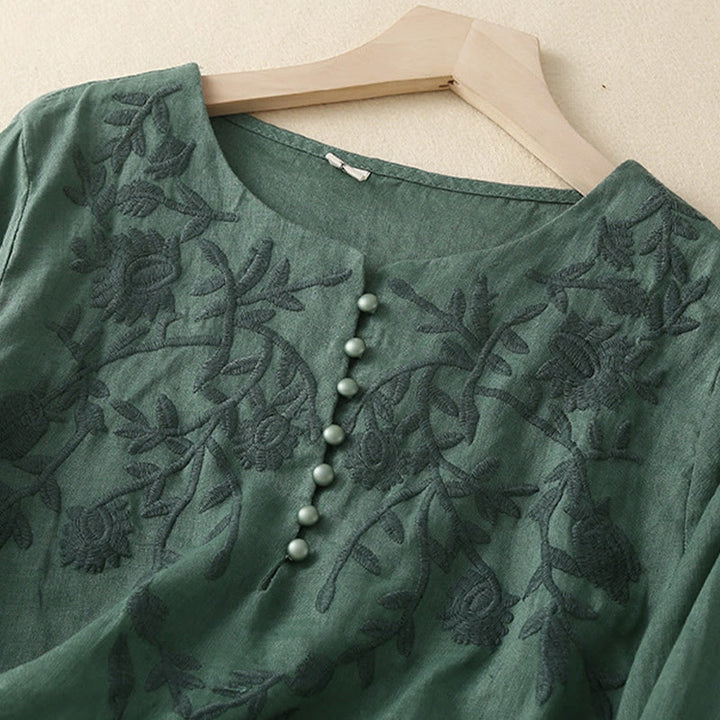 Camiseta de lino y algodón de manga larga con cuello redondo y flores bordadas informales con Buddha Stones para mujer - image 25