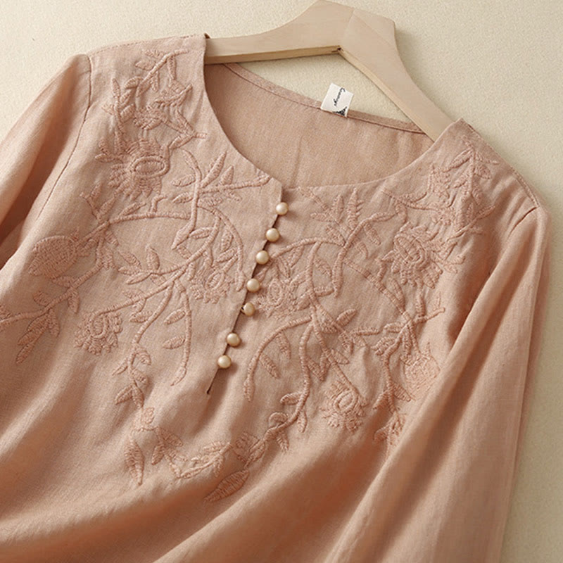 Camiseta de lino y algodón de manga larga con cuello redondo y flores bordadas informales con Buddha Stones para mujer - image 2