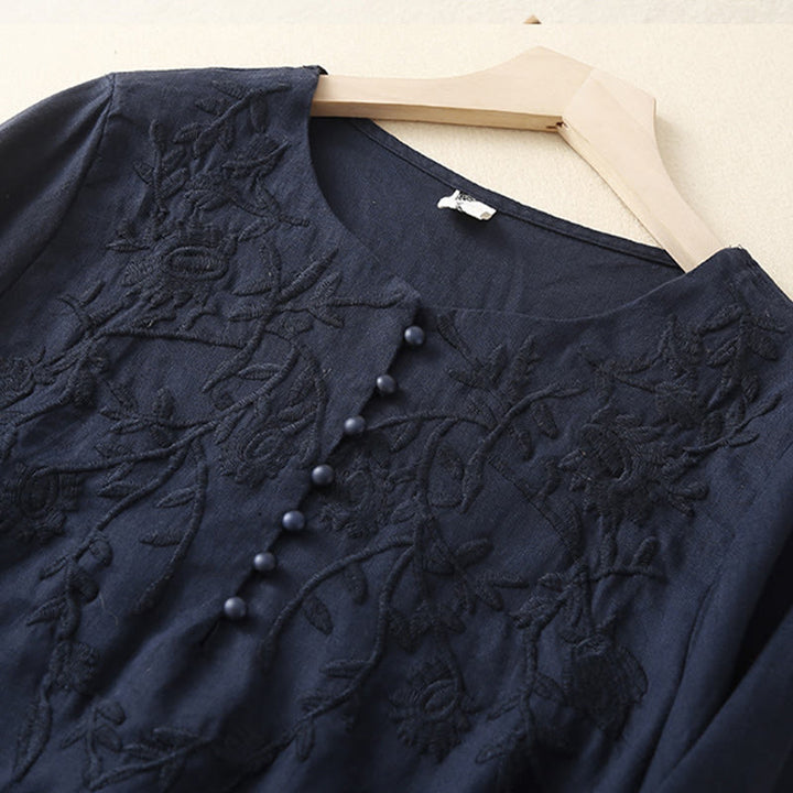 Camiseta de lino y algodón de manga larga con cuello redondo y flores bordadas informales con Buddha Stones para mujer - image 12