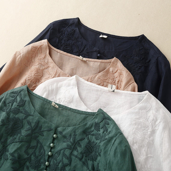 Camiseta de lino y algodón de manga larga con cuello redondo y flores bordadas informales con Buddha Stones para mujer - image 30