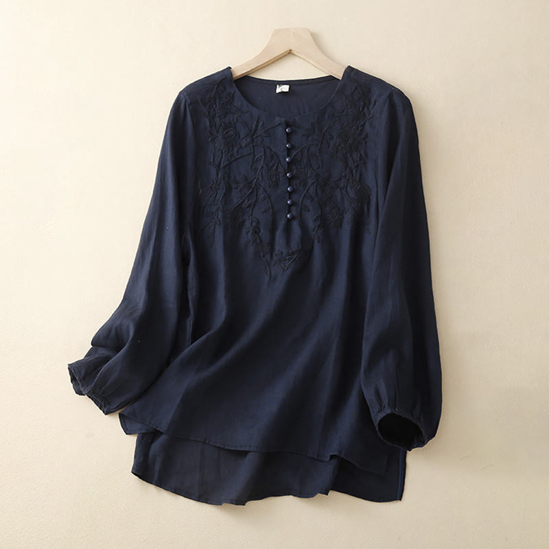 Camiseta de lino y algodón de manga larga con cuello redondo y flores bordadas informales con Buddha Stones para mujer - Azul medianoche - US/UK/AU40, EU50 (2XL) - image 11