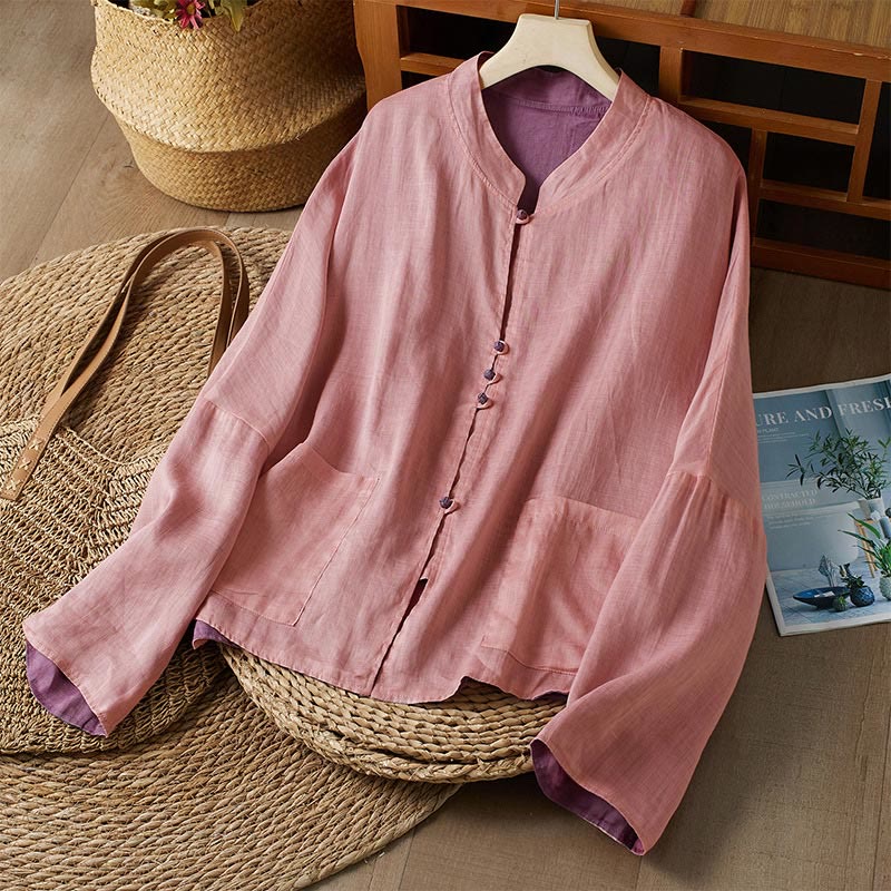 Camisa de algodón y lino con cuello en V, informal, de manga larga, color liso, talla grande, Buddha Stones para mujer