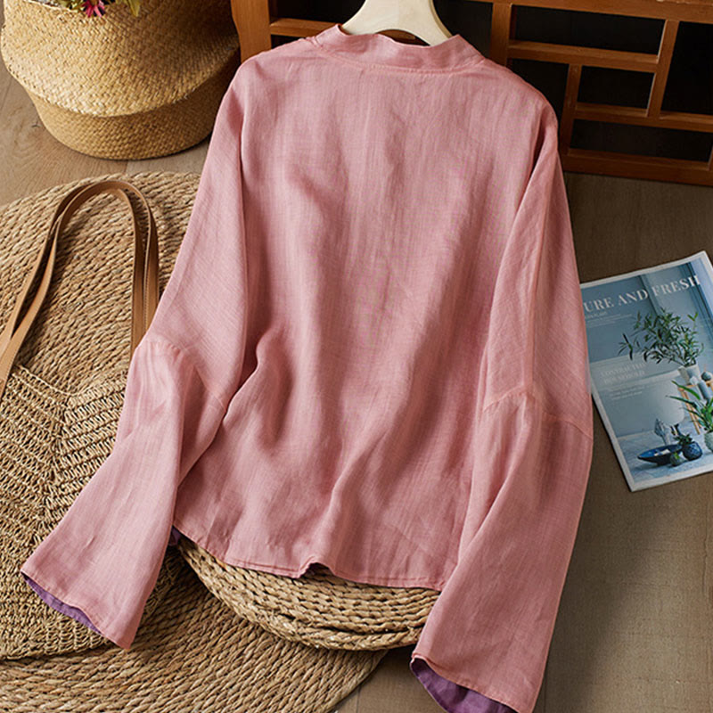 Camisa de algodón y lino con cuello en V, informal, de manga larga, color liso, talla grande, Buddha Stones para mujer