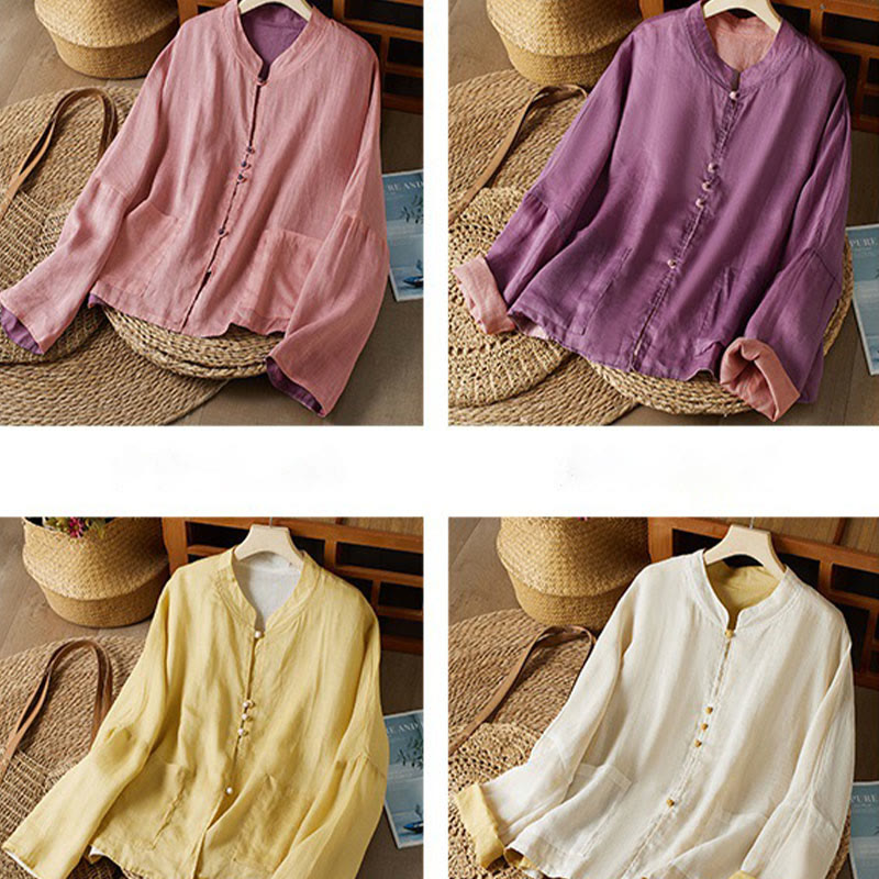 Camisa de algodón y lino con cuello en V, informal, de manga larga, color liso, talla grande, Buddha Stones para mujer