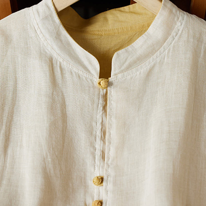 Camisa de algodón y lino con cuello en V, informal, de manga larga, color liso, talla grande, Buddha Stones para mujer - image 9