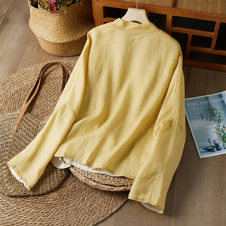 Camisa de algodón y lino con cuello en V, informal, de manga larga, color liso, talla grande, Buddha Stones para mujer