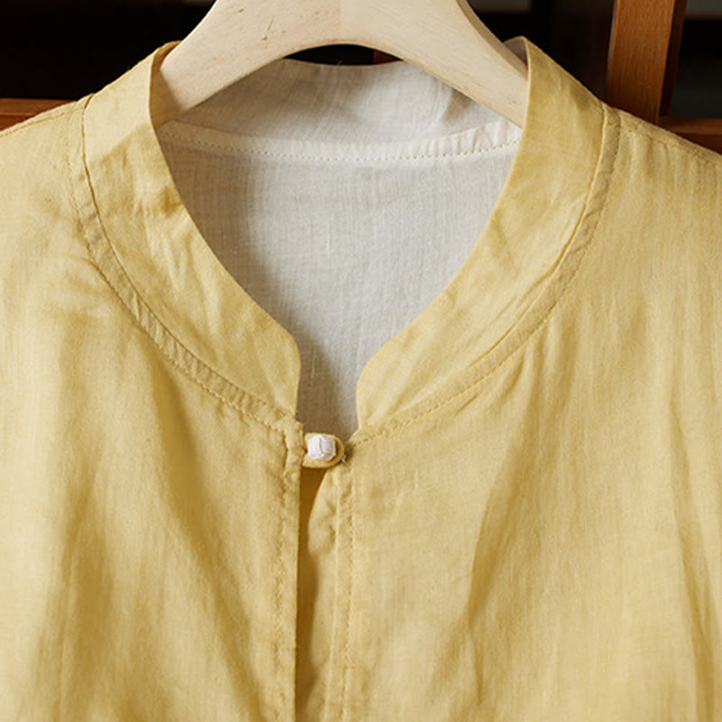 Camisa de algodón y lino con cuello en V, informal, de manga larga, color liso, talla grande, Buddha Stones para mujer - image 2