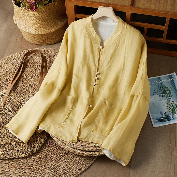 Camisa de algodón y lino con cuello en V, informal, de manga larga, color liso, talla grande, Buddha Stones para mujer