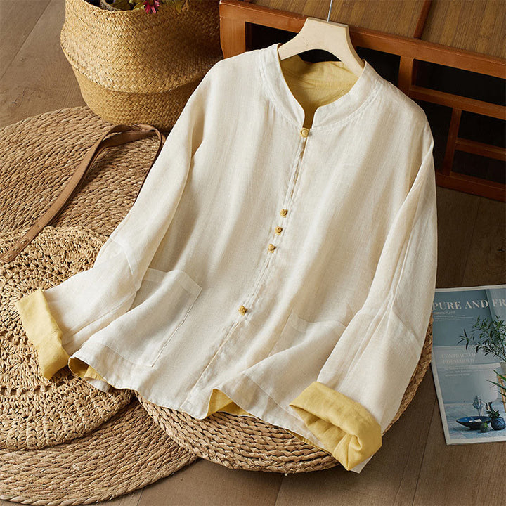 Camisa de algodón y lino con cuello en V, informal, de manga larga, color liso, talla grande, Buddha Stones para mujer