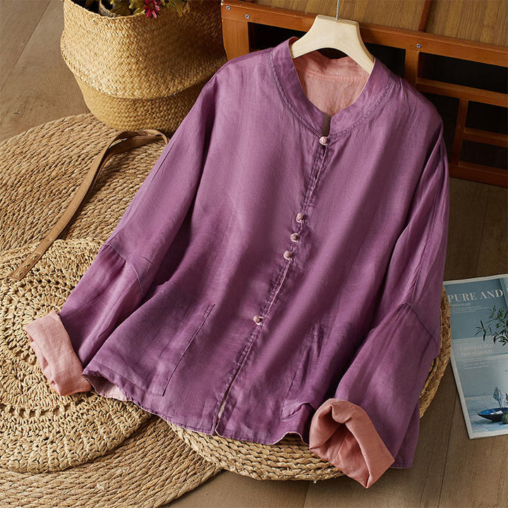 Camisa de algodón y lino con cuello en V, informal, de manga larga, color liso, talla grande, Buddha Stones para mujer
