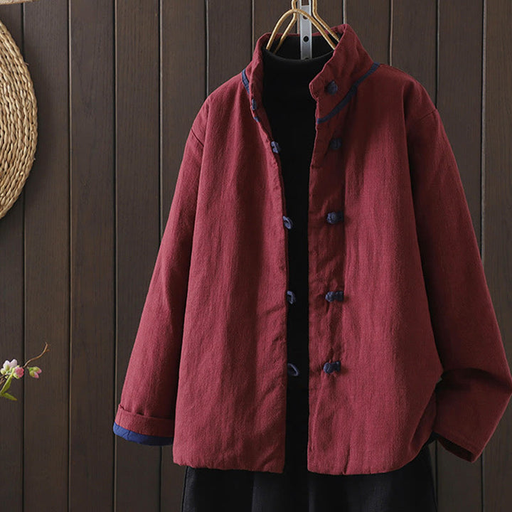 Chaqueta de mujer de algodón y lino con cuello alto, botones de rana y estampado de Buddha Stones en color liso. - Granate - US8-10，UK/AU12-14，EU40-42 (2XL) - image 0