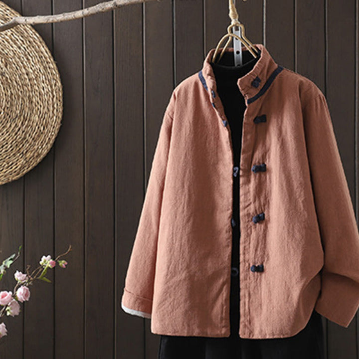 Chaqueta de mujer de algodón y lino con cuello alto, botones de rana y estampado de Buddha Stones en color liso. - Coral claro - US8-10，UK/AU12-14，EU40-42 (2XL) - image 12