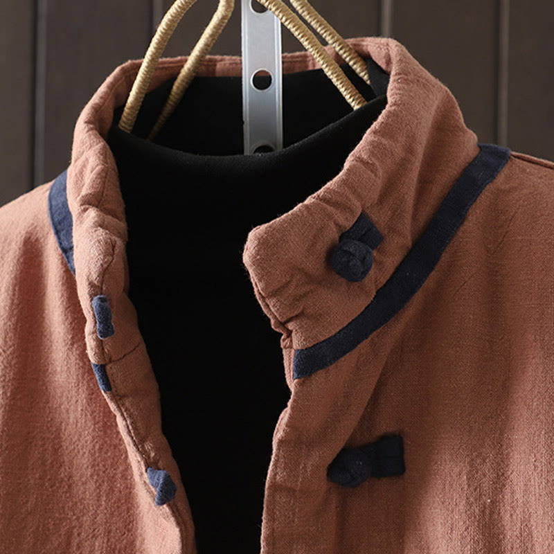 Chaqueta de mujer de algodón y lino con cuello alto, botones de rana y estampado de Buddha Stones en color liso. - image 13