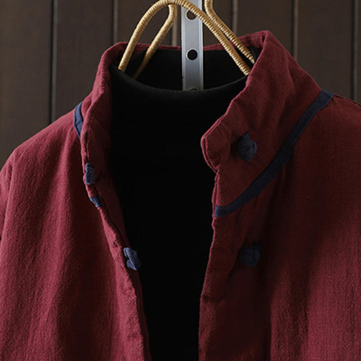 Chaqueta de mujer de algodón y lino con cuello alto, botones de rana y estampado de Buddha Stones en color liso. - image 2