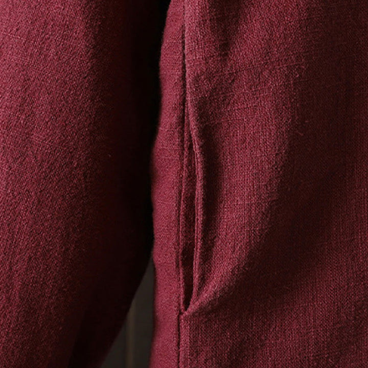 Chaqueta de mujer de algodón y lino con cuello alto, botones de rana y estampado de Buddha Stones en color liso. - image 10