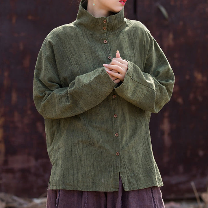 Cárdigan de algodón estilo chino con cuello alto teñido de Buddha Stones y ramio - image 12