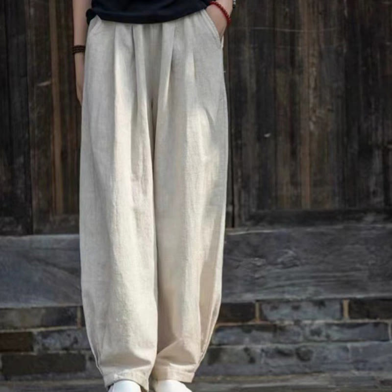 Pantalones de yoga casuales de algodón con bolsillos para mujer con Buddha Stones - Lino - US14, UK/AU18, EU46 (4XL) - image 0