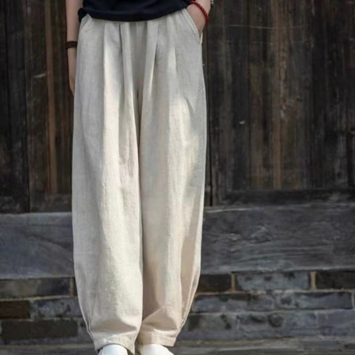 Pantalones de yoga casuales de algodón con bolsillos para mujer con Buddha Stones - Lino - US14, UK/AU18, EU46 (4XL) - image 0