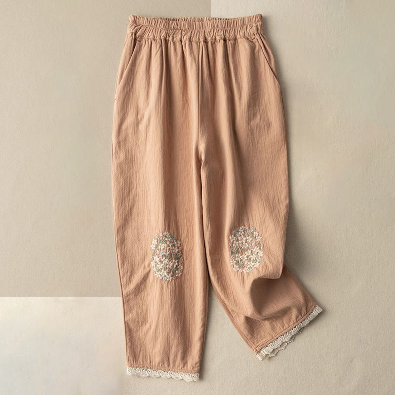Pantalones harem informales con bordados, ribete de encaje y Buddha Stones, con bolsillos. - Sandy Brown - US14, UK/AU18, EU46 (4XL) - image 0