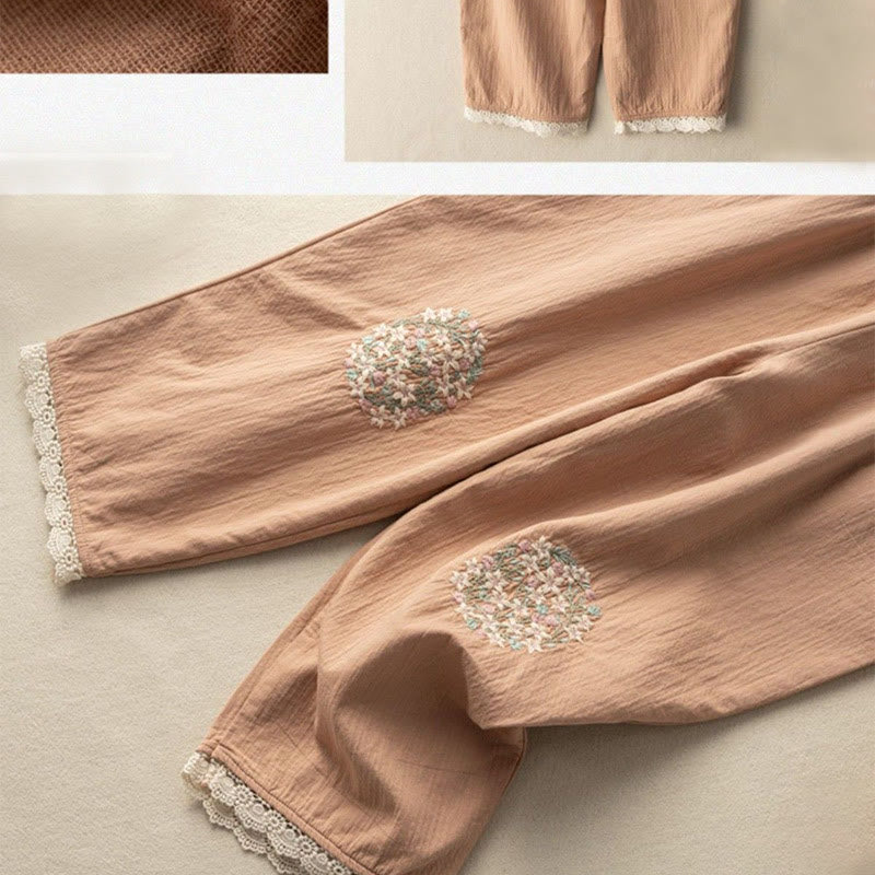Pantalones harén de algodón con bordados y ribetes de encaje con Buddha Stones y bolsillos