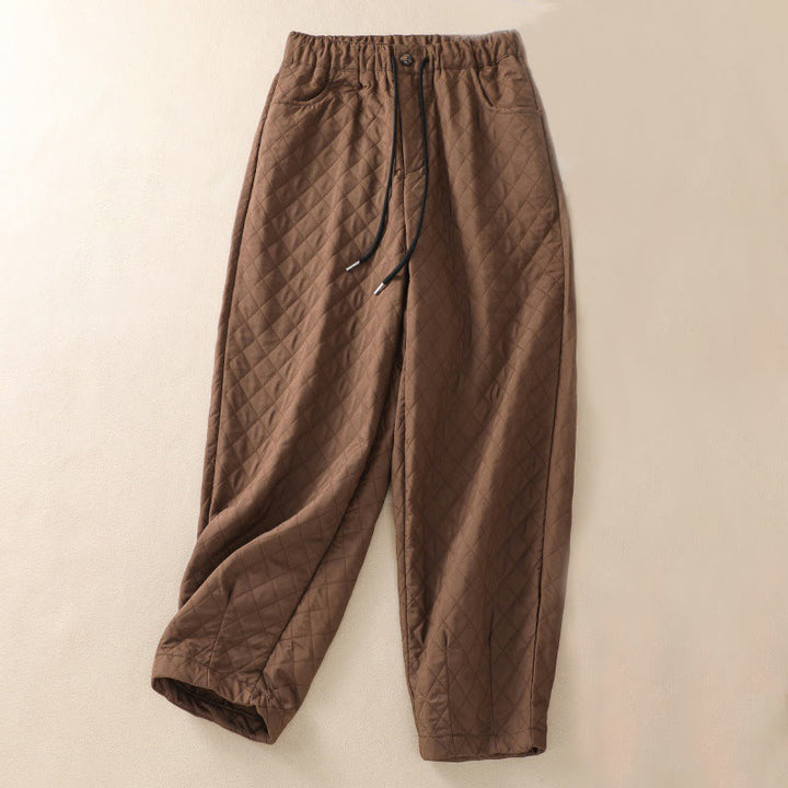 Pantalones harén de algodón con cordón y bolsillos a cuadros sencillos de otoño e invierno con Buddha Stones - Marrón silla de montar - US14, UK/AU18, EU46 (4XL) - image 0