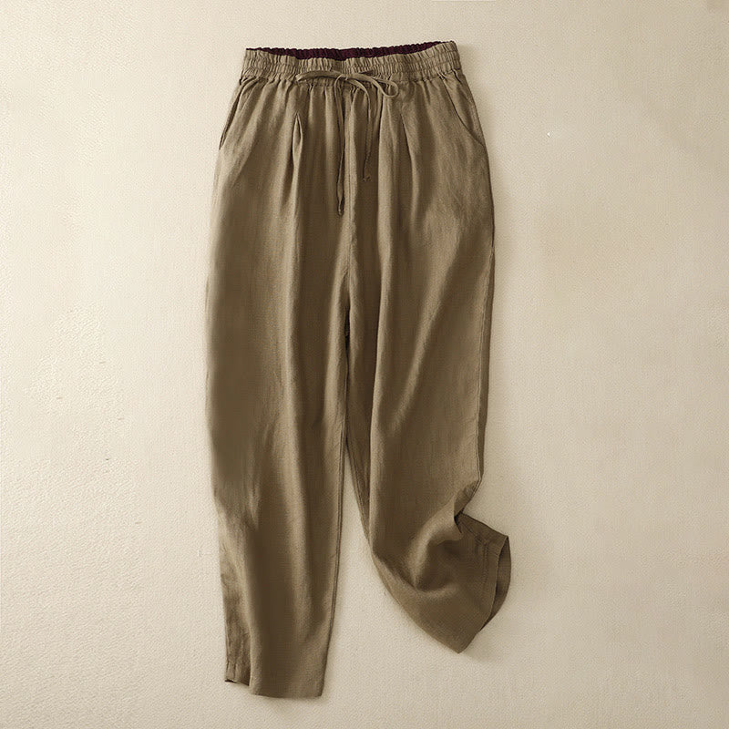 Pantalones harén de lino y algodón con cintura alta y bolsillos con cordones de estilo vintage Buddha Stones - Vara de oro oscura - US8-10，UK/AU12-14，EU40-42 (2XL) - image 0