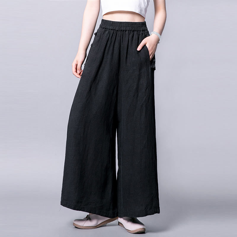 Pantalones casuales de algodón con botones de rana, cintura alta, pierna ancha y bolsillos de Buddha Stones