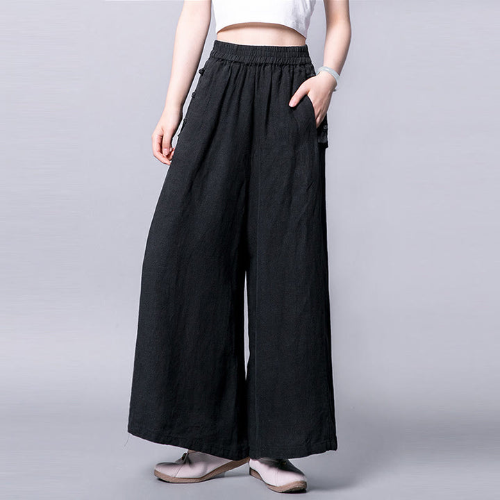 Pantalones casuales de algodón con botones de rana, cintura alta, pierna ancha y bolsillos de Buddha Stones