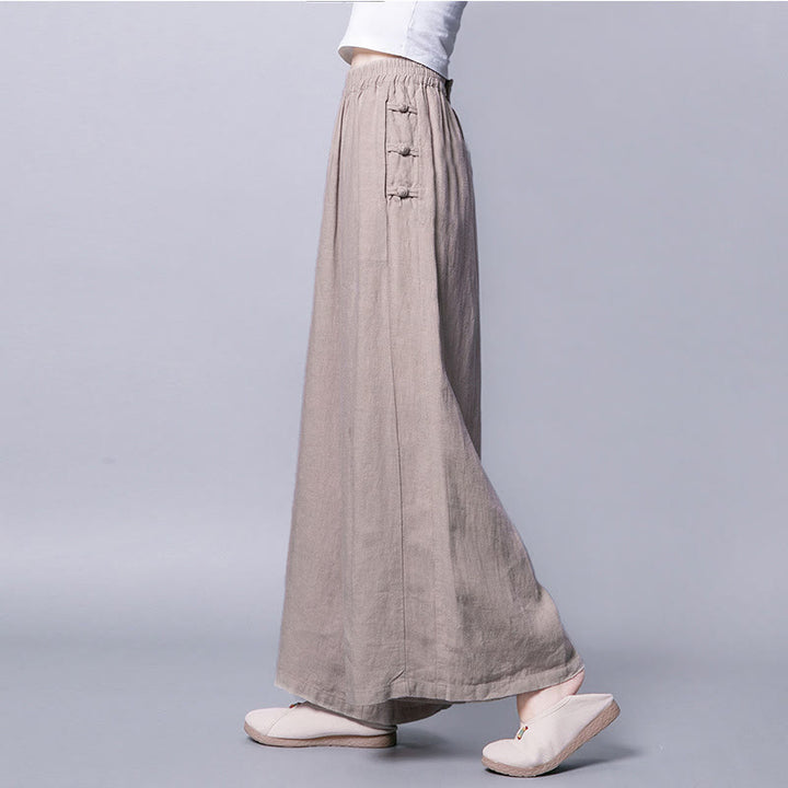 Pantalones casuales de algodón con botones de rana, cintura alta, pierna ancha y bolsillos de Buddha Stones