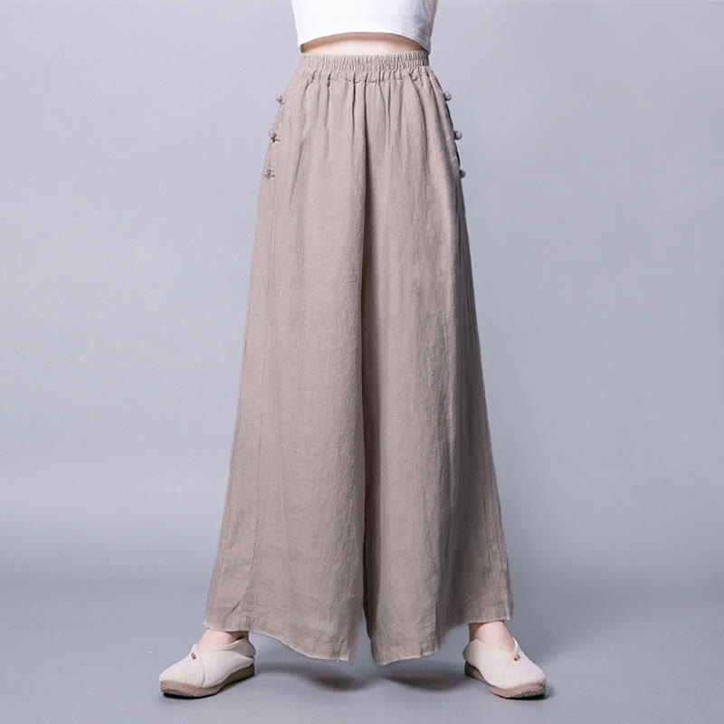 Pantalones casuales de algodón con botones de rana, cintura alta, pierna ancha y bolsillos de Buddha Stones