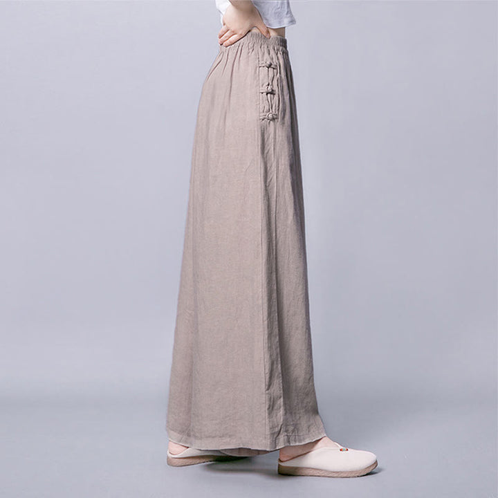 Pantalones casuales de algodón con botones de rana, cintura alta, pierna ancha y bolsillos de Buddha Stones