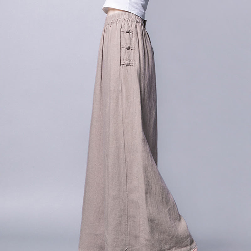 Pantalones casuales de algodón con botones de rana, cintura alta, pierna ancha y bolsillos de Buddha Stones