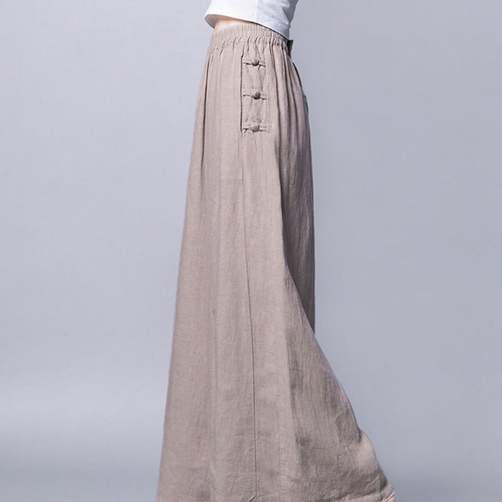 Pantalones casuales de algodón con botones de rana, cintura alta, pierna ancha y bolsillos de Buddha Stones