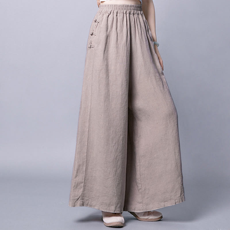 Pantalones casuales de algodón con botones de rana, cintura alta, pierna ancha y bolsillos de Buddha Stones