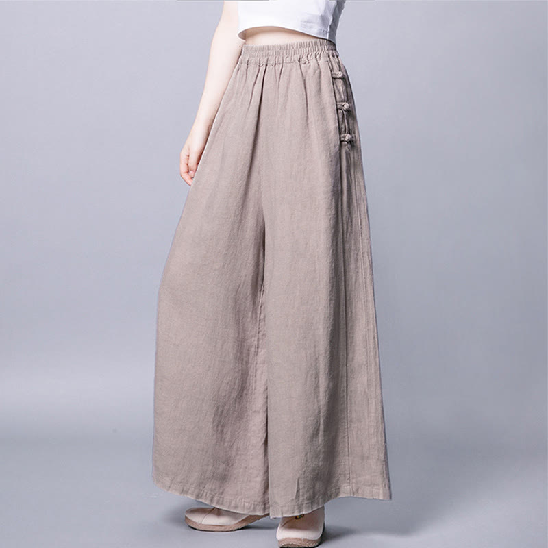 Pantalones casuales de algodón con botones de rana, cintura alta, pierna ancha y bolsillos de Buddha Stones