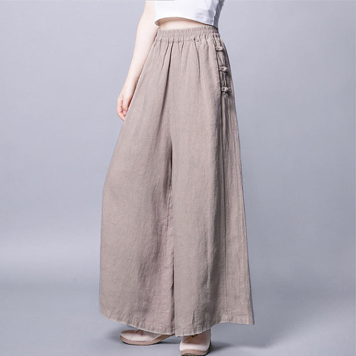 Pantalones casuales de algodón con botones de rana, cintura alta, pierna ancha y bolsillos de Buddha Stones