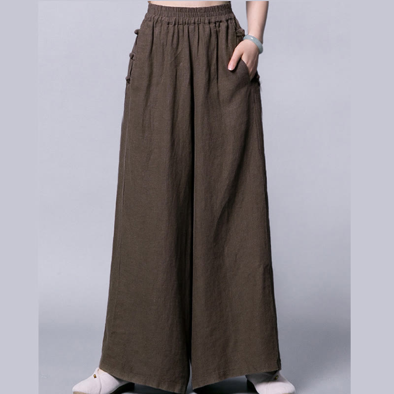 Pantalones casuales de algodón con botones de rana, cintura alta, pierna ancha y bolsillos de Buddha Stones