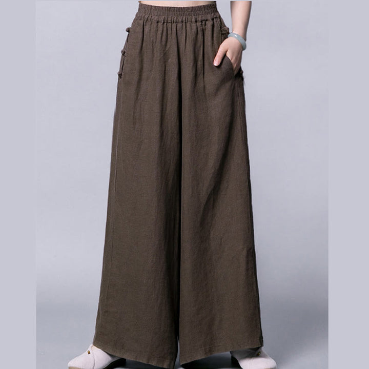 Pantalones casuales de algodón con botones de rana, cintura alta, pierna ancha y bolsillos de Buddha Stones