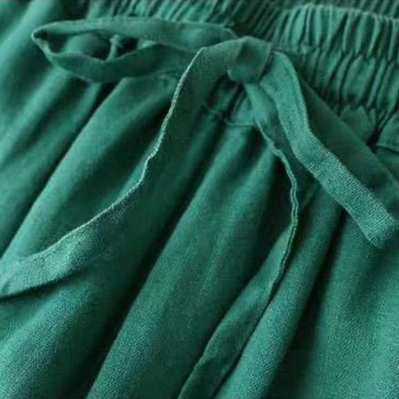 Pantalones anchos con cintura alta, cordón y bolsillos de algodón y lino informales Buddha Stones