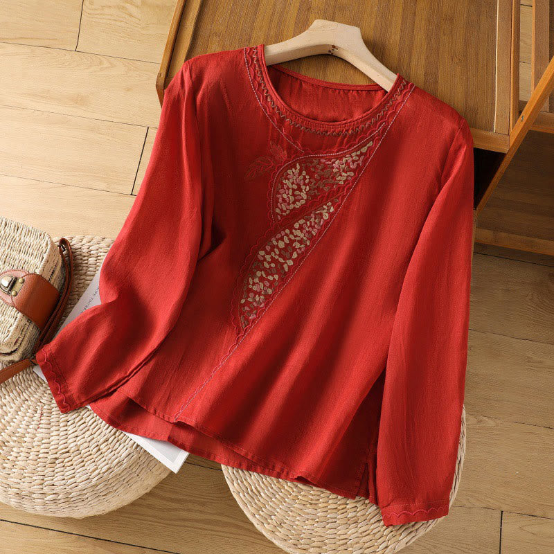 Jersey de lino y algodón con cuello redondo y bordado étnico de Buddha Stones - Rojo - US8-10，UK/AU12-14，EU40-42 (2XL) - image 11