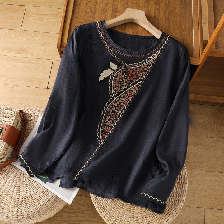 Jersey de lino y algodón con cuello redondo y bordado étnico de Buddha Stones - Azul medianoche - US8-10，UK/AU12-14，EU40-42 (2XL) - image 4