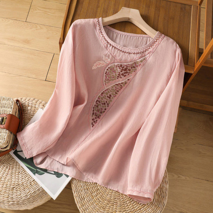 Jersey de lino y algodón con cuello redondo y bordado étnico de Buddha Stones - Rosa - US8-10，UK/AU12-14，EU40-42 (2XL) - image 19