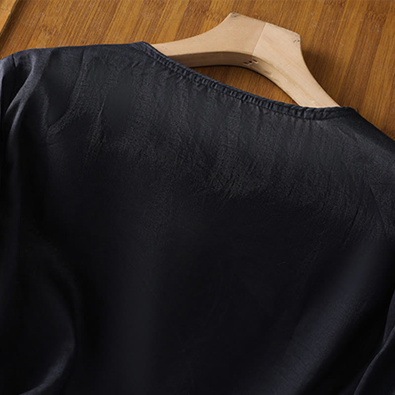 Jersey de lino y algodón con cuello redondo y bordado étnico de Buddha Stones - image 10