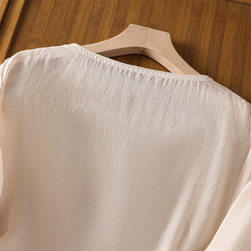 Jersey de lino y algodón con cuello redondo y bordado étnico de Buddha Stones - image 34