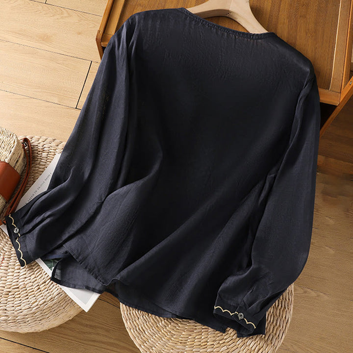 Jersey de lino y algodón con cuello redondo y bordado étnico de Buddha Stones - image 5