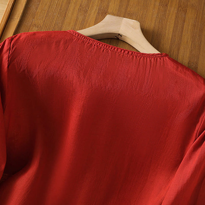 Jersey de lino y algodón con cuello redondo y bordado étnico de Buddha Stones - image 18