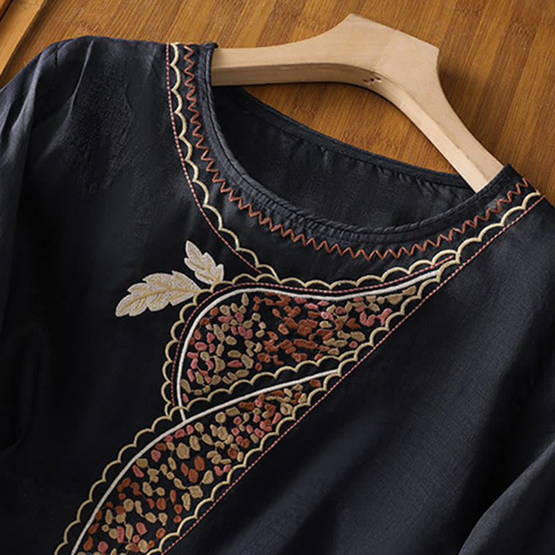 Jersey de lino y algodón con cuello redondo y bordado étnico de Buddha Stones - image 6