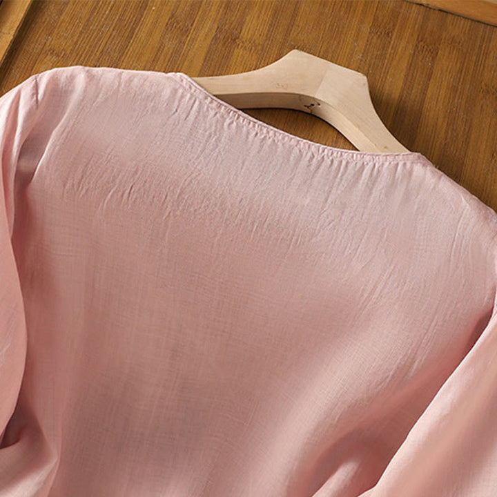 Jersey de lino y algodón con cuello redondo y bordado étnico de Buddha Stones - image 26