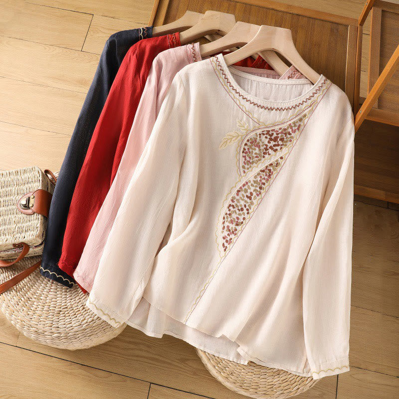 Jersey de lino y algodón con cuello redondo y bordado étnico de Buddha Stones - image 0